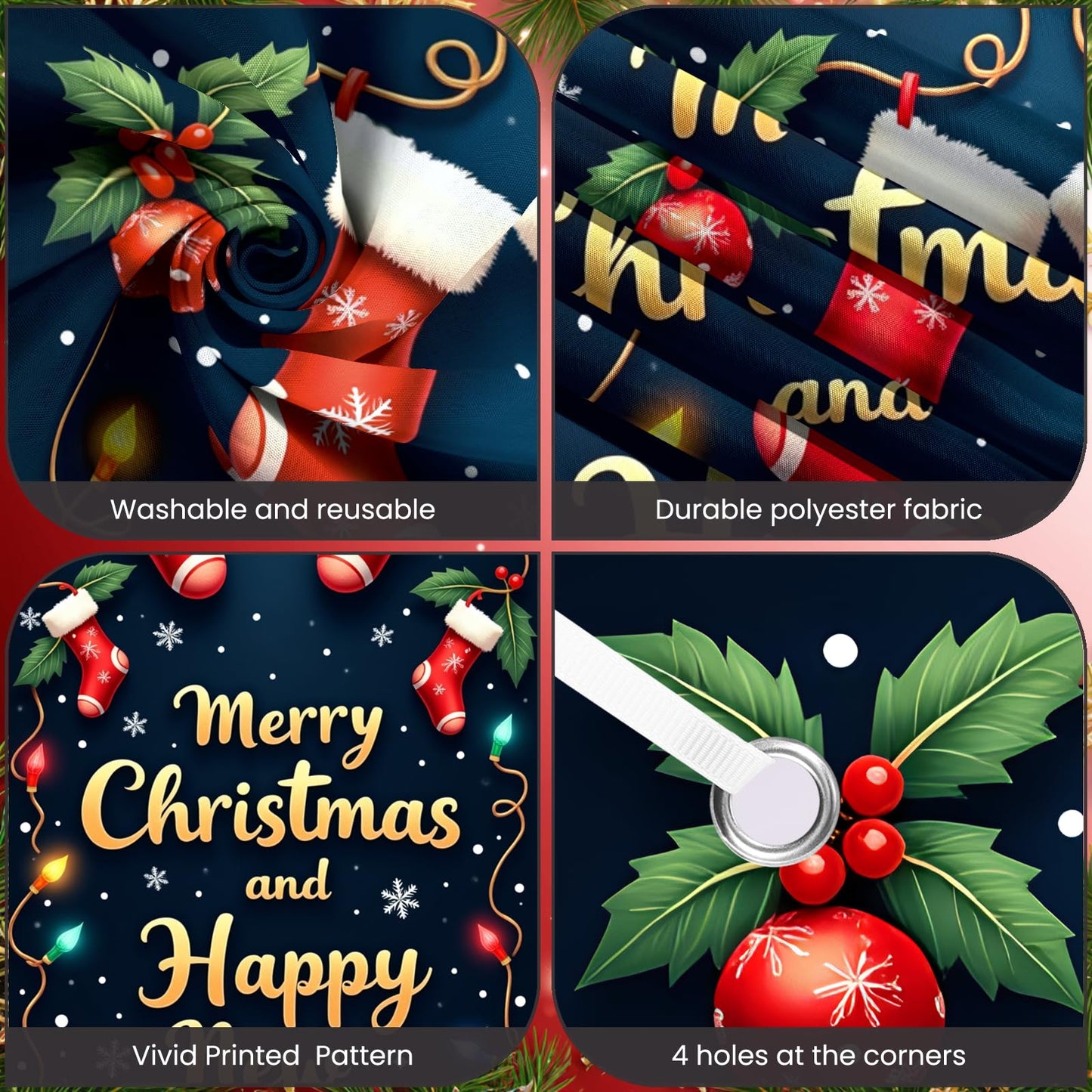 Large Christmas Door Cover Merry Christmas and Happy New Year Door Banner with Red Stockings and String Lights Party Holiday Por
