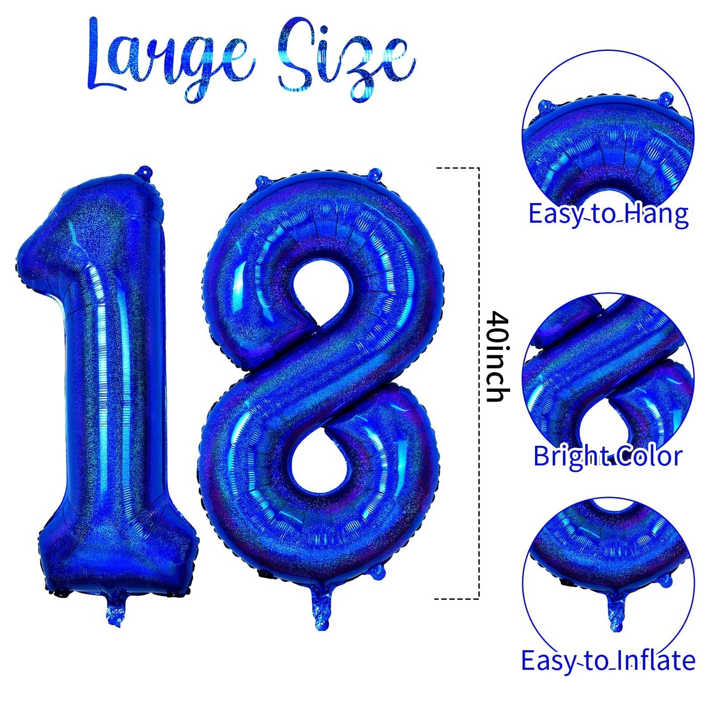 Number 18 Balloon 40 Inch, Laser Blue Big Number Balloon, Giant Mylar 18Th Balloons Number, Helium Birthday Balloons For Teenage
