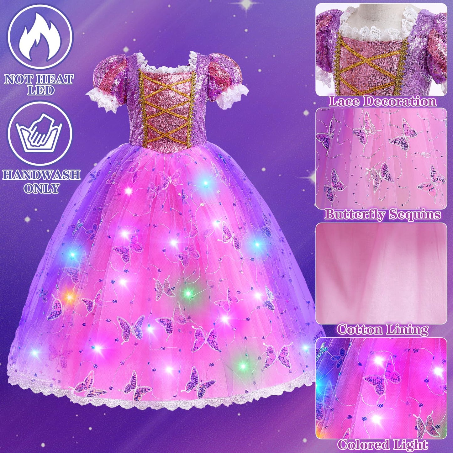 Svmk 10Pcs Girls Princess Costume Light Up Kids Toddler Princess Dress Up Clothes Accessories Led Wig Bag Wand Crown Ring Neckla