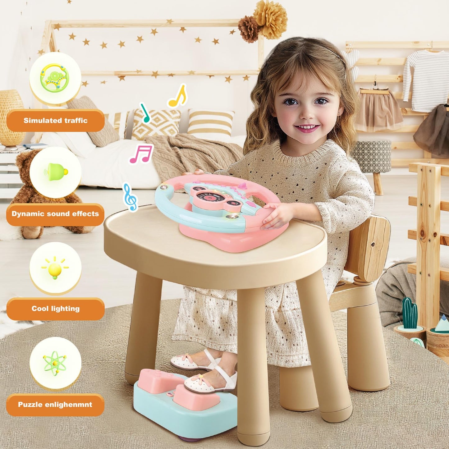 RedCrab Steering Wheels with Brake and Gas Pedals Toy for Kids,Simulated Driving for Toddlers with Light and Music, Pretend Driv