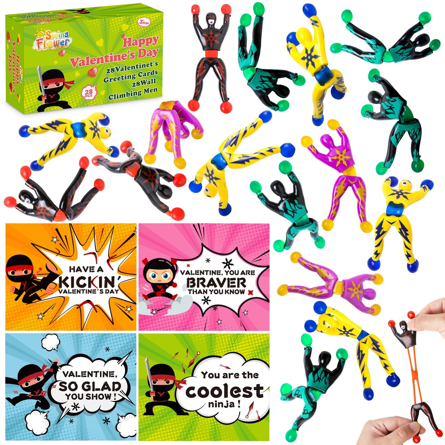 28 Packs Valentines Day Cards for Kids with Sticky Wall Climbing Men Ninja Set for Classroom,Valentines Gifts Exchange For Scho