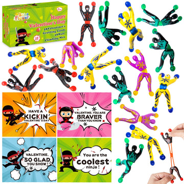 28 Packs Valentines Day Cards for Kids with Sticky Wall Climbing Men Ninja Set for Classroom,Valentines Gifts Exchange For Scho