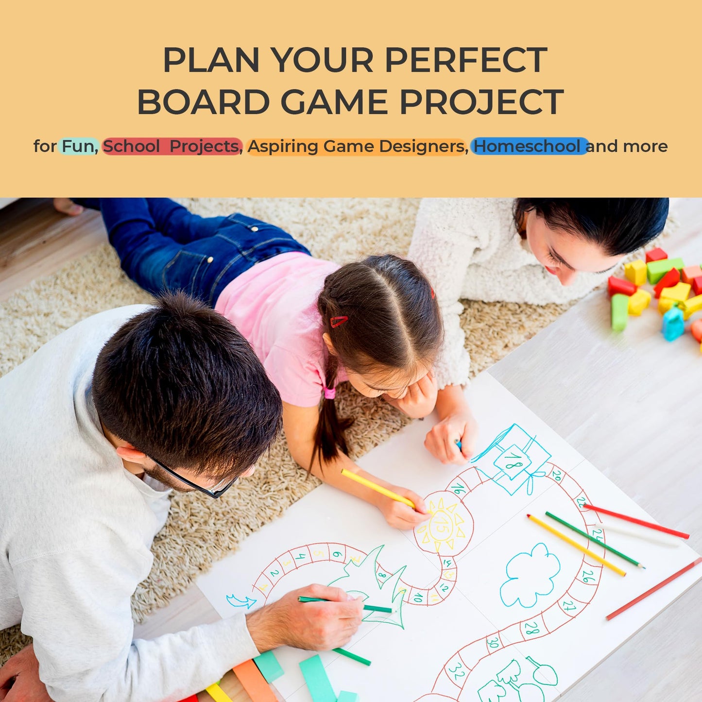 da Vinci's Room DIY Board Game Kit - Double-Sided Game Board, Blank Box & Pieces, White