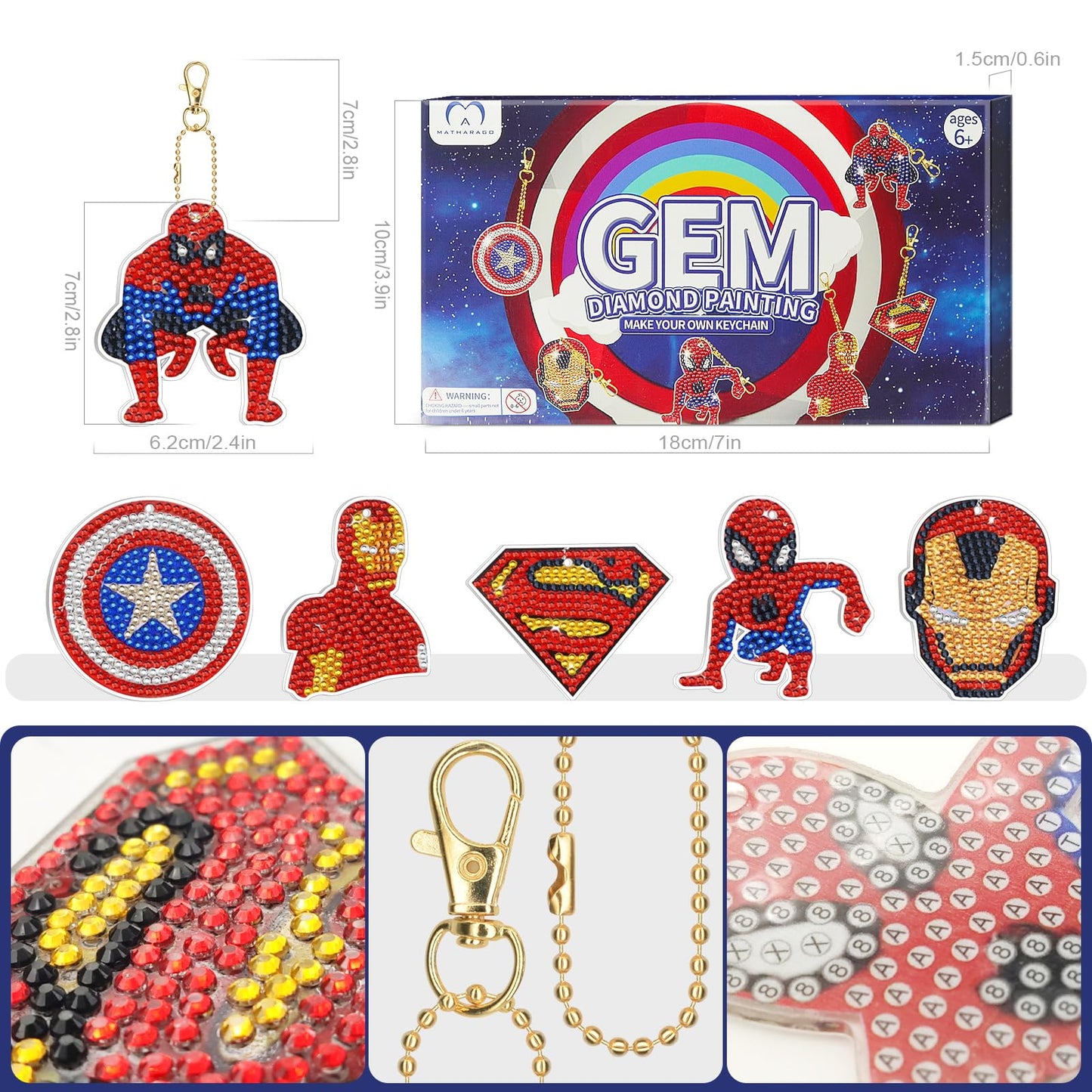 Matharago Diamond Art For Kids 6 Pcs Diy Diamond Painting Cartoon Keyrings Set, Painting By Number Gem Keychains Craft Kits For