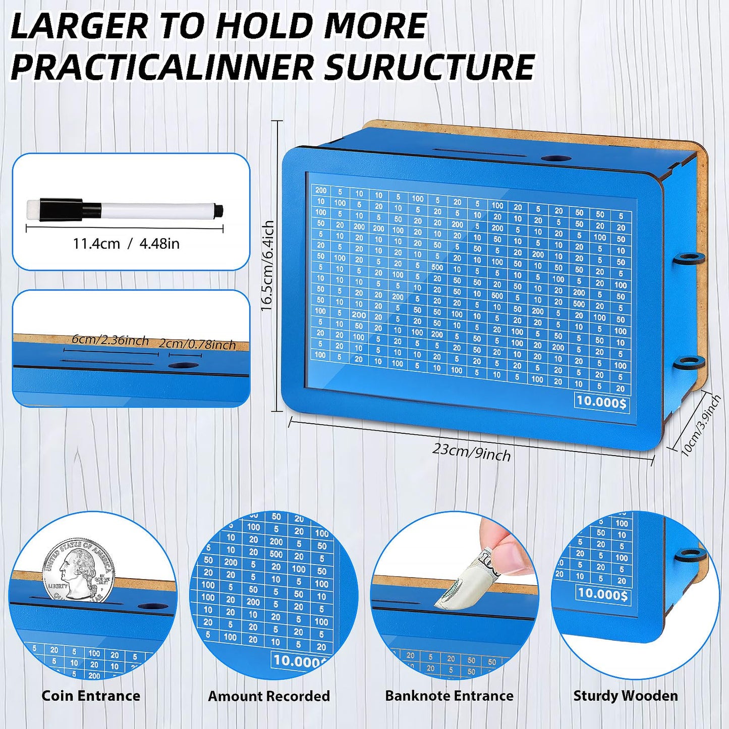 Wenmthg 10000 Larger Size Savings Challenge Box - Cash Vault Wooden Money Savings Box For Adults Kids - Kakeibo Money Bank - Woo