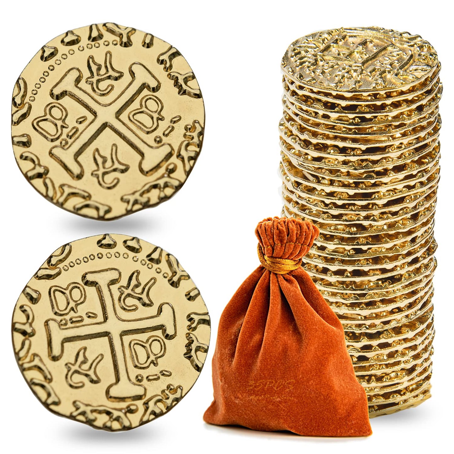Metal Pirate Coins, Prefdo 100Pcs X Large Gold Treasure Coin Set Spanish Doubloon Replicas Fantasy Metal Coins Pirate Gold Coins