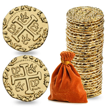 Metal Pirate Coins, Prefdo 100Pcs X Large Gold Treasure Coin Set Spanish Doubloon Replicas Fantasy Metal Coins Pirate Gold Coins