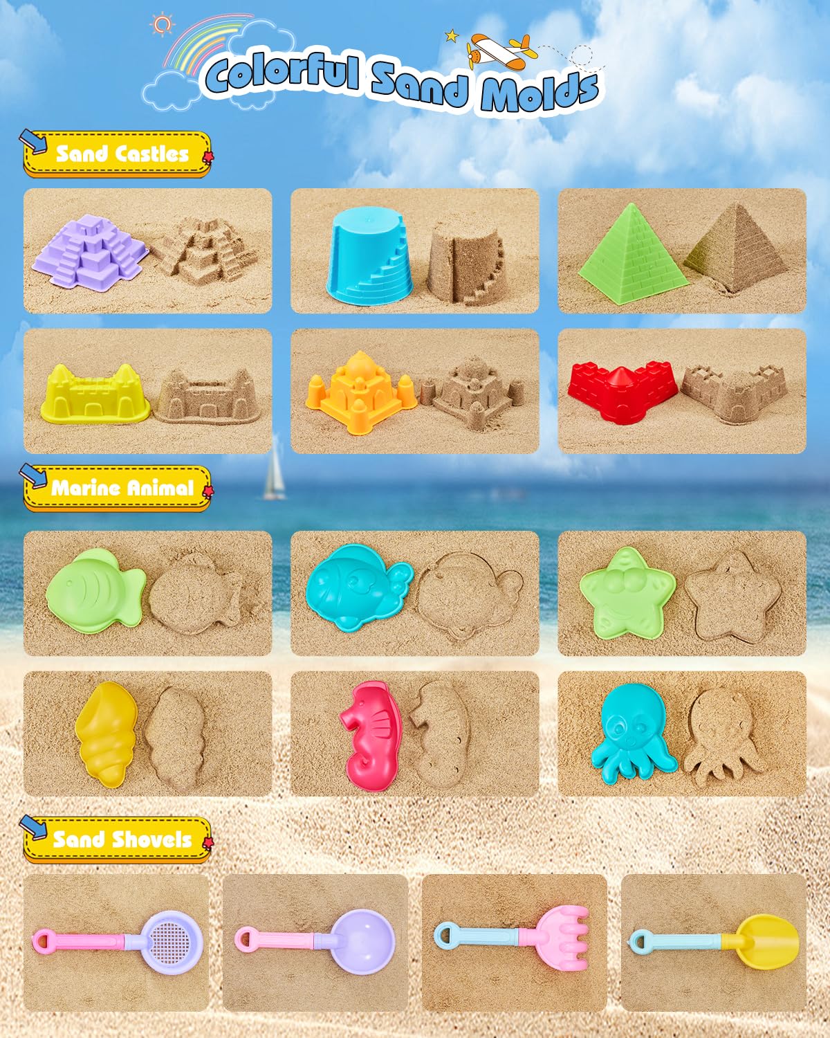 Beach Toys For Toddlers 1-3, Beach Toy Sand Toy For Kids Ages 4-8, 2 Collapsible Sand Bucket And Shovels, Mesh Bag, Sand Castle