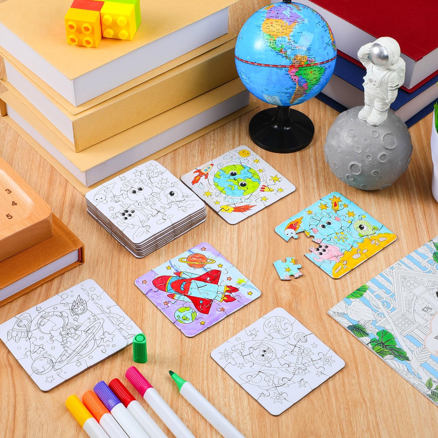 Realspring 24 Pack Outer Space Color Your Own Jigsaw Puzzles for Kids 3-5, 4-6, 6-8, Coloring Crafts DIY Paper Puzzles Party Fav