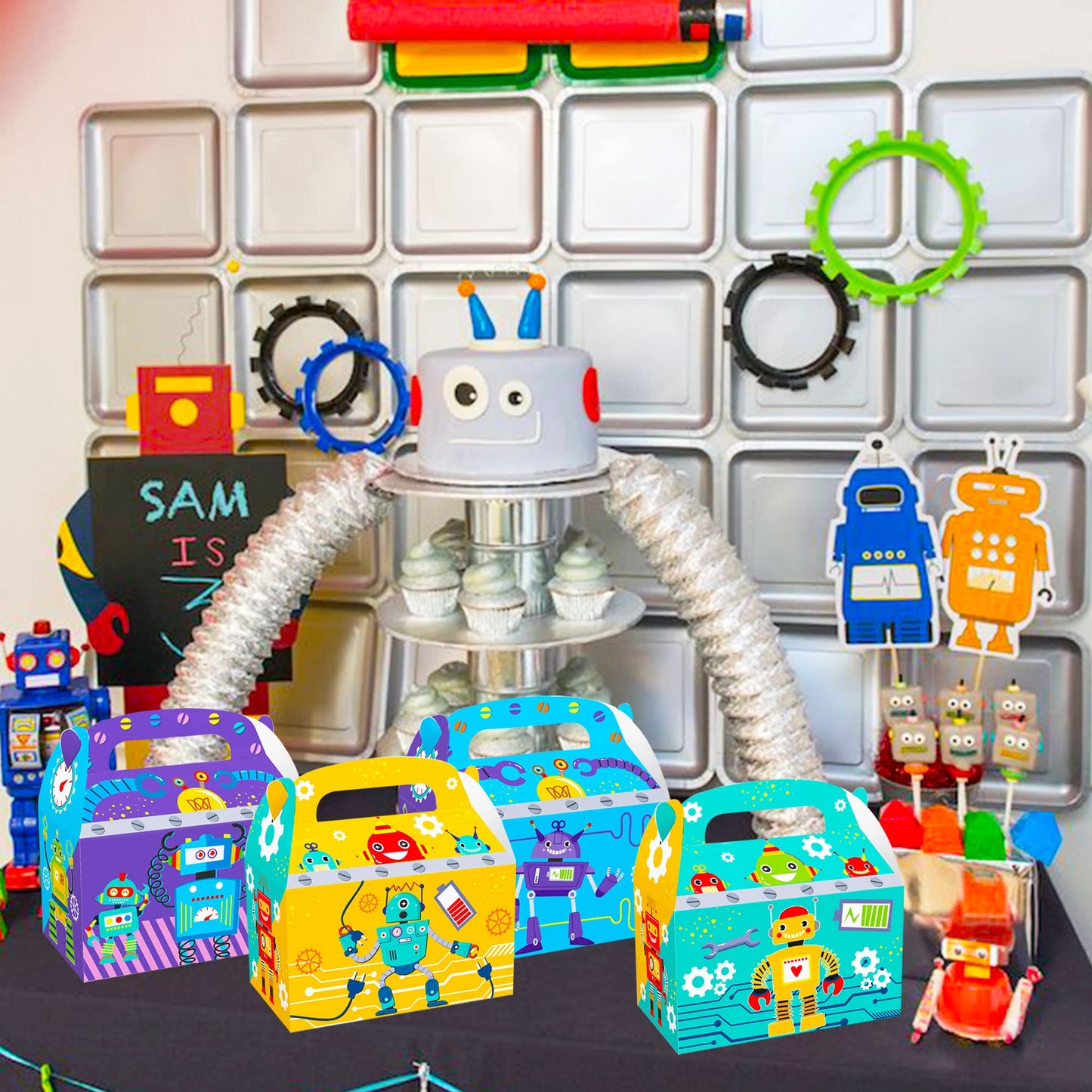 LaVenty 12 PCS Robot Birthday Party Favors Boxes Robot Birthday Party Supplies Robot Birthday Party Favors Bags Robot Birthday B