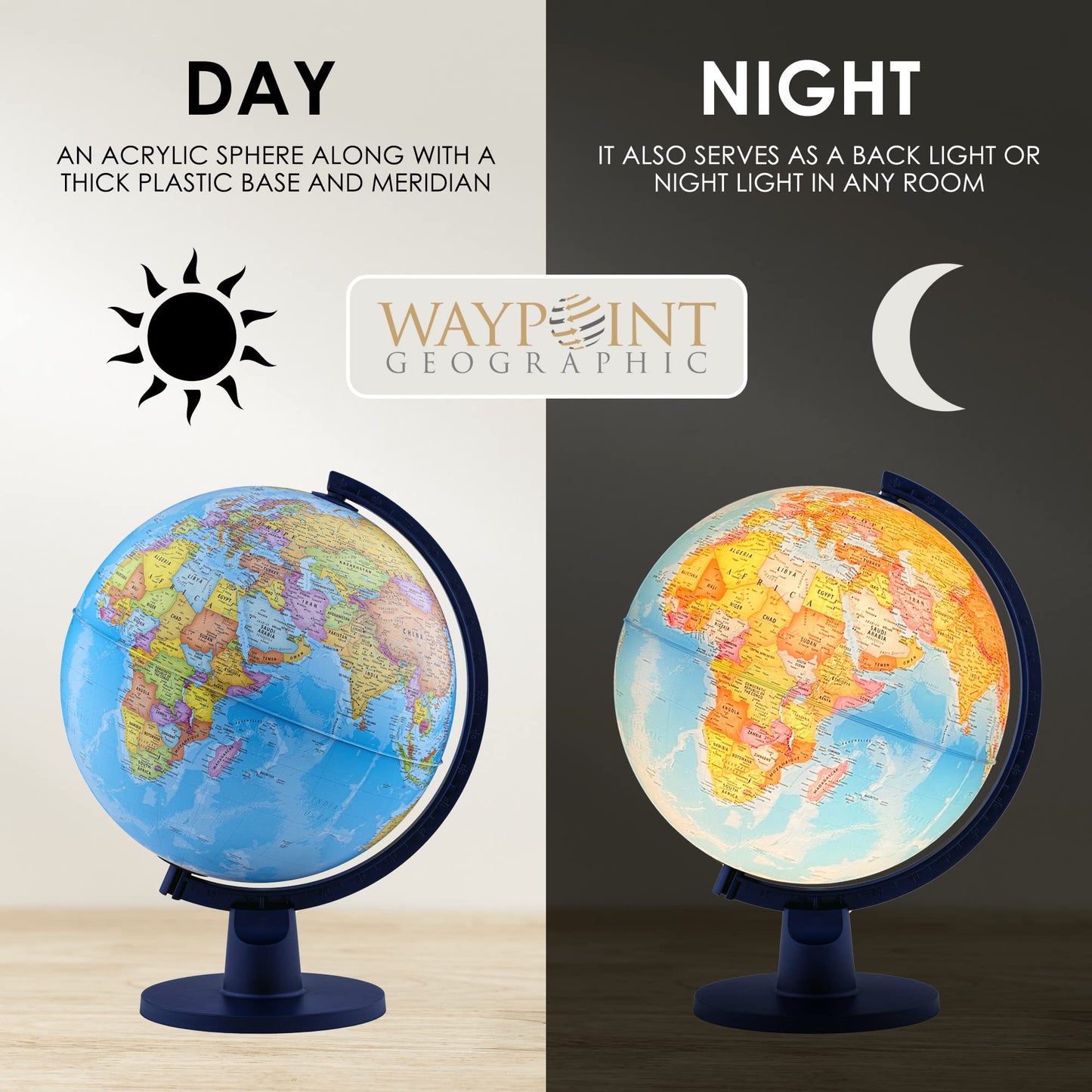 Waypoint Geographic Scout+ Illuminated With Map, World Globe For Kids, Decorative Classroom Globe With Stand, More Than 4000 Places, 12” Interactive Globe, Bonus Map Included, Blue