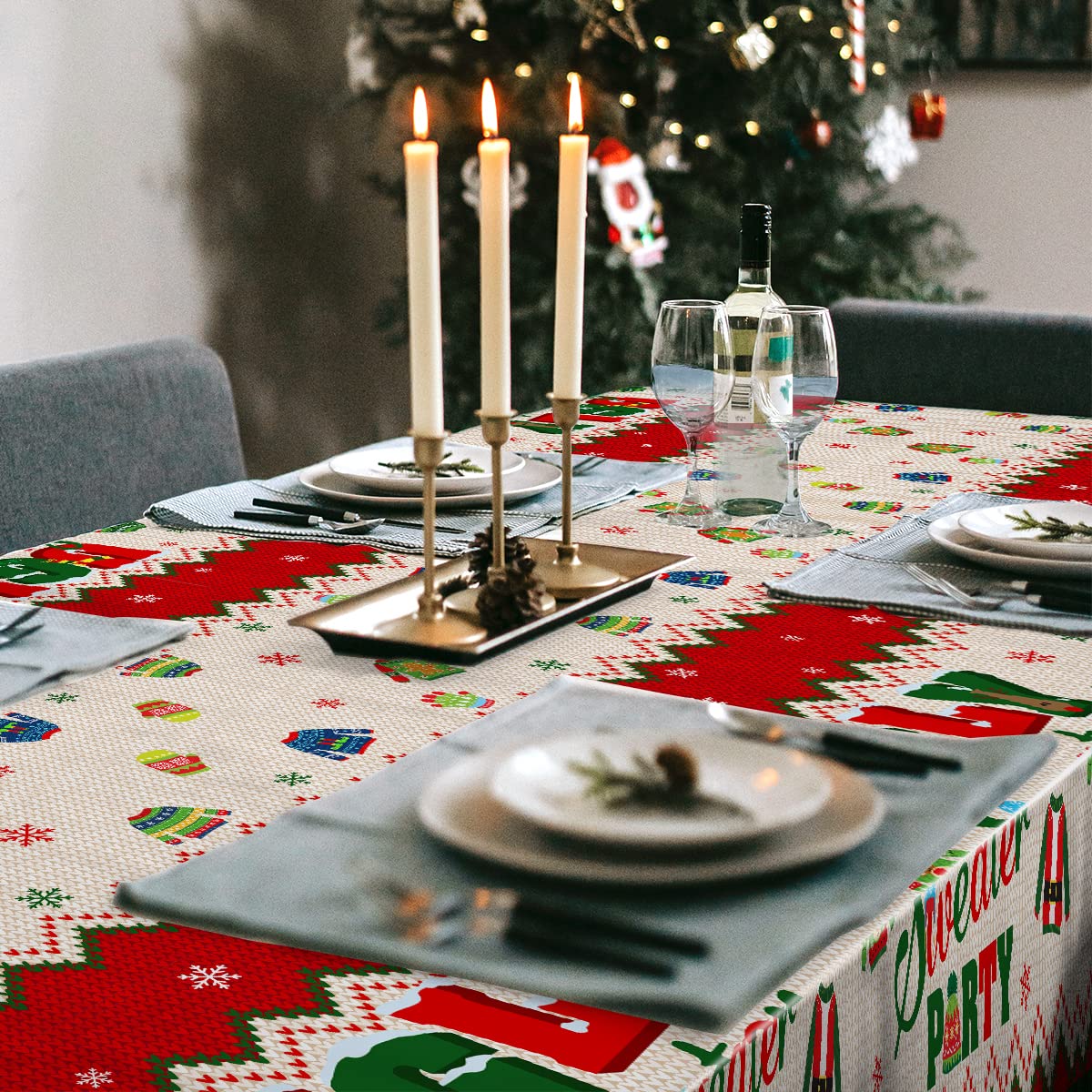 3Pcs Ugly Sweater Tablecloths-Ugly Sweater Party Decorations Christmas Rectangular Plastic Table Covers For Christmas Party Supp