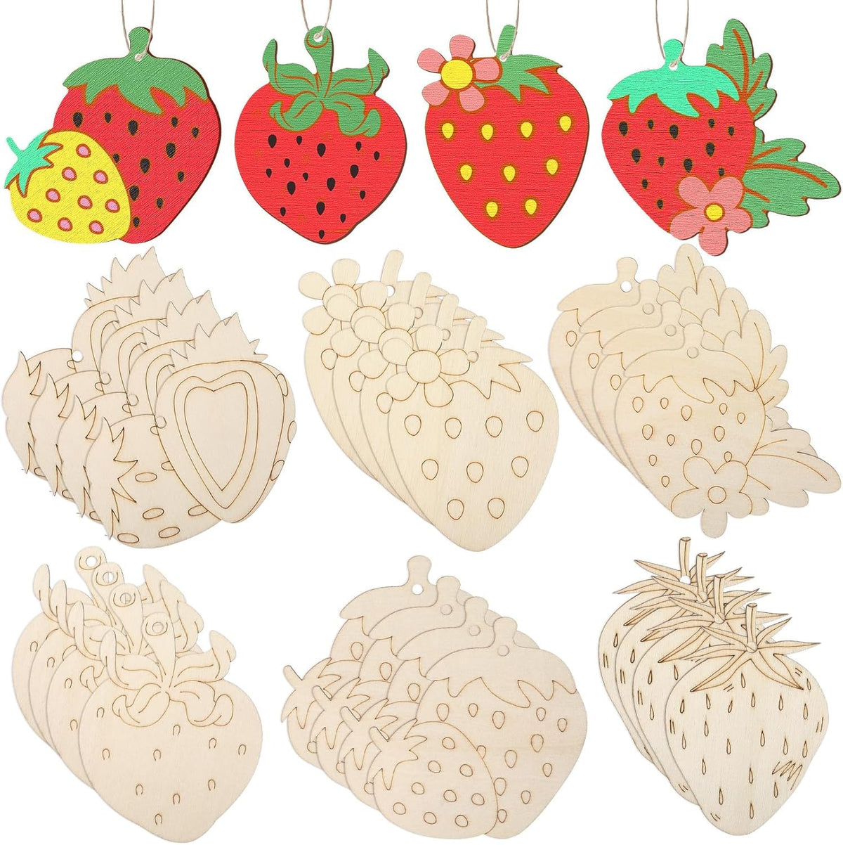 Curious Button 24 Set Strawberry Wooden Craft Kit | Diy Paint Your Own Fruit Kit With Twine | Unfinished Wooden Strawberry Ornam