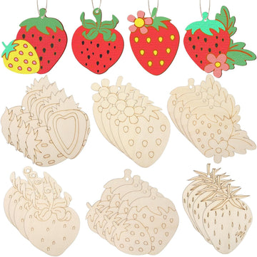 Curious Button 24 Set Strawberry Wooden Craft Kit | Diy Paint Your Own Fruit Kit With Twine | Unfinished Wooden Strawberry Ornam