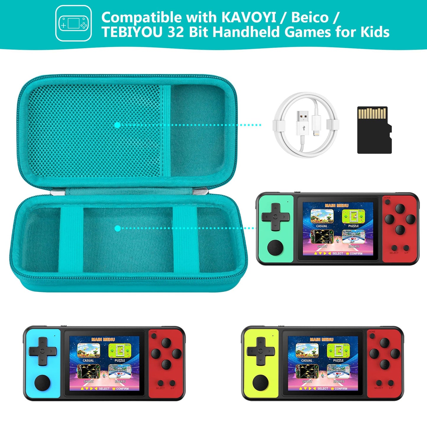 Supmay Carrying Case Compatible with KAVOYI / Beico / TEBIYOU 32 Bit Handheld Games for Kids  Portable Arcade Gaming Player Storage Holder Travel Bag with Mesh Pocket for Battery  USB Cable  Green