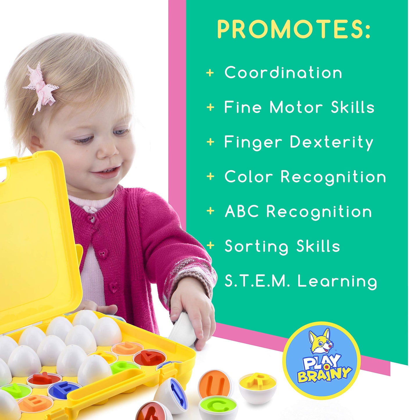 Play Brainy Montessori Alphabet Matching Eggs, 26 Pc. ABC Letter Set, Educational Early Learning Toys and Shape Recognition Sort