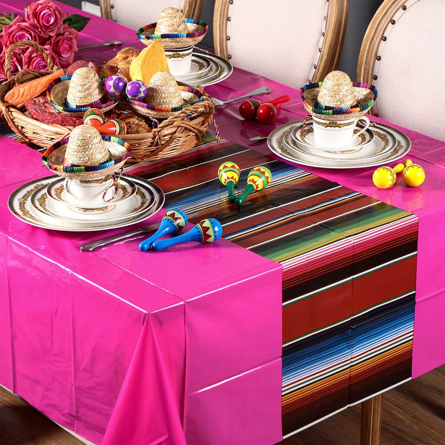 Hosuly Mexican Fiesta Tablecloth 54 x 108   Party Plastic Tablecloth Striped Table Cover for Mexican Fiesta Party Decorations(