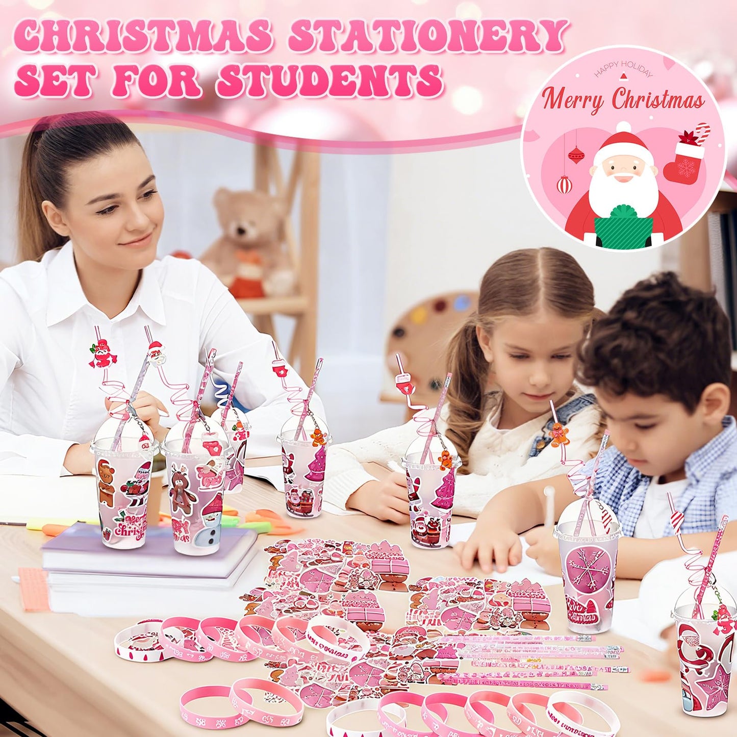 Seenelling 24 Set Pink Christmas Stationery Party Favors for Students Xmas Gift Cups Filler with Keychain Pencil Straw Silicone