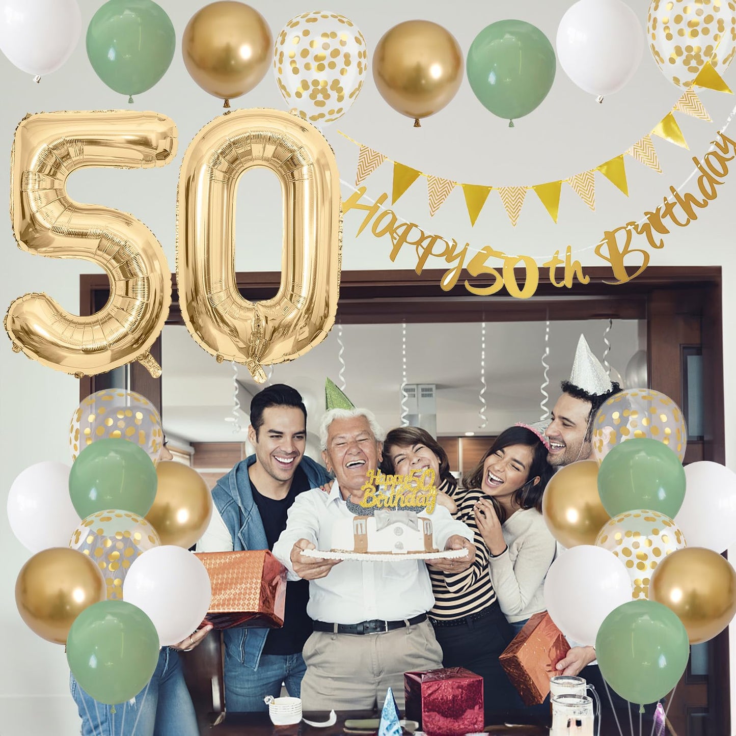 50Th Birthday Decorations For Men Women, Sage Green White Gold Birthday Balloons With Happy 50Th Birthday Banner 50Th Birthday C