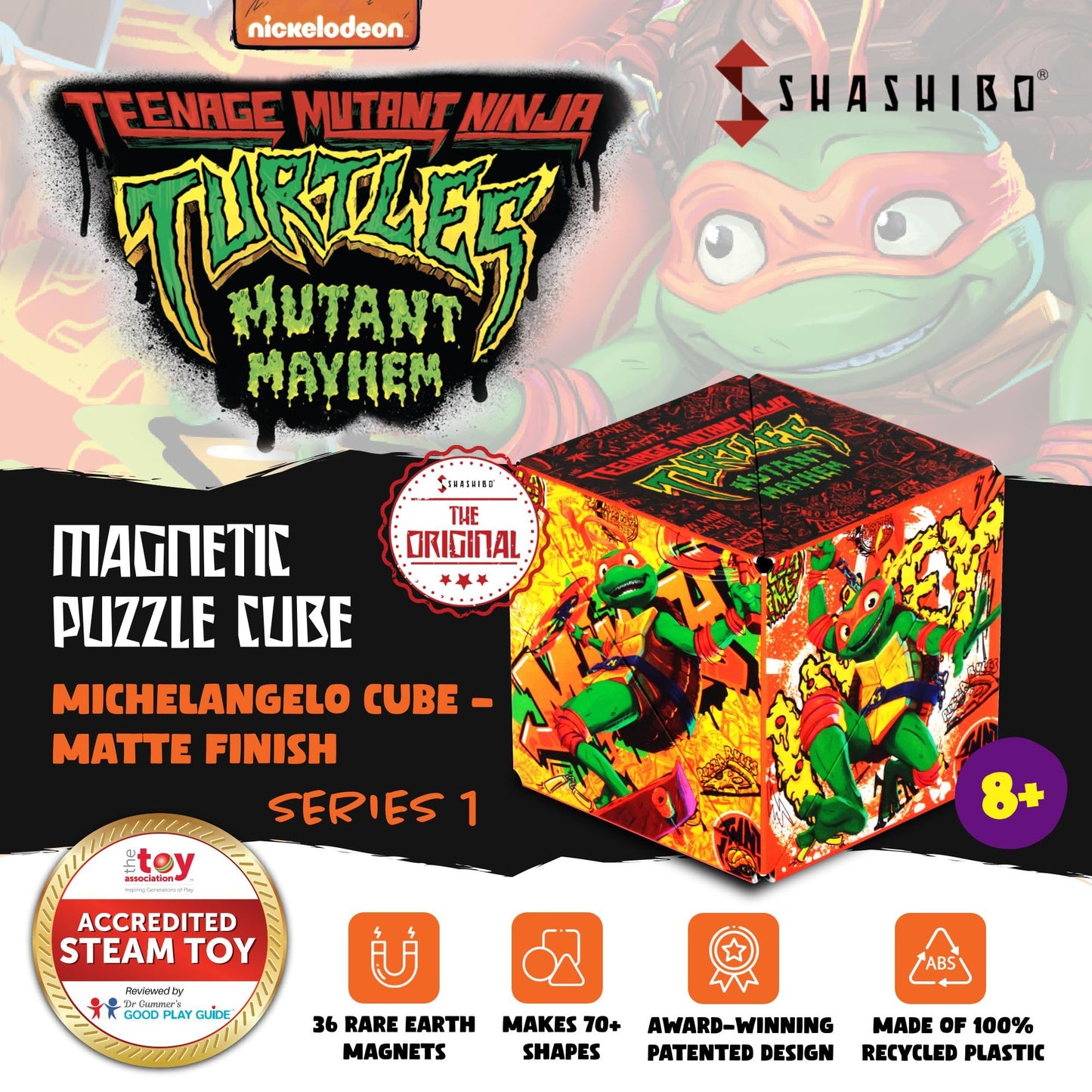 Shashibo Shape Shifting Box - Magnetic Puzzle Cube, 36 Rare Earth Magnets, Mikey Series 1, Turtles Color