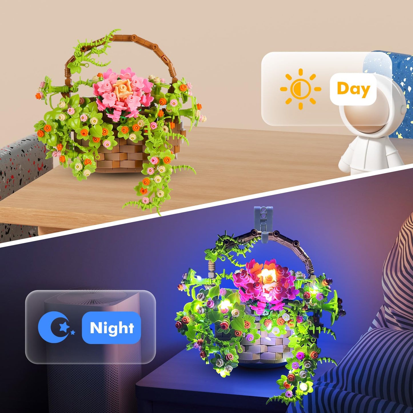 ZQJKLE Flower Basket Building Set with LED String Light  Flower Bouquet Building Blocks Wall Decor for Boys Girls Age 3+  Teen  mature-themed  Gift for Mother's Day  Christmas etc.