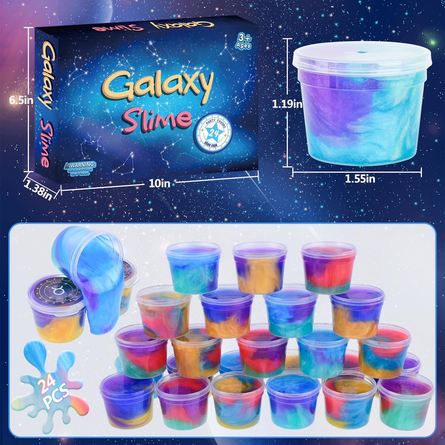 24 Pack Galaxy Slime Kit, Galaxy Slime Cup Party Favors for Girls Boys, 12 Constellations Series Mini Slime Bulk, Wet, Non-Stick