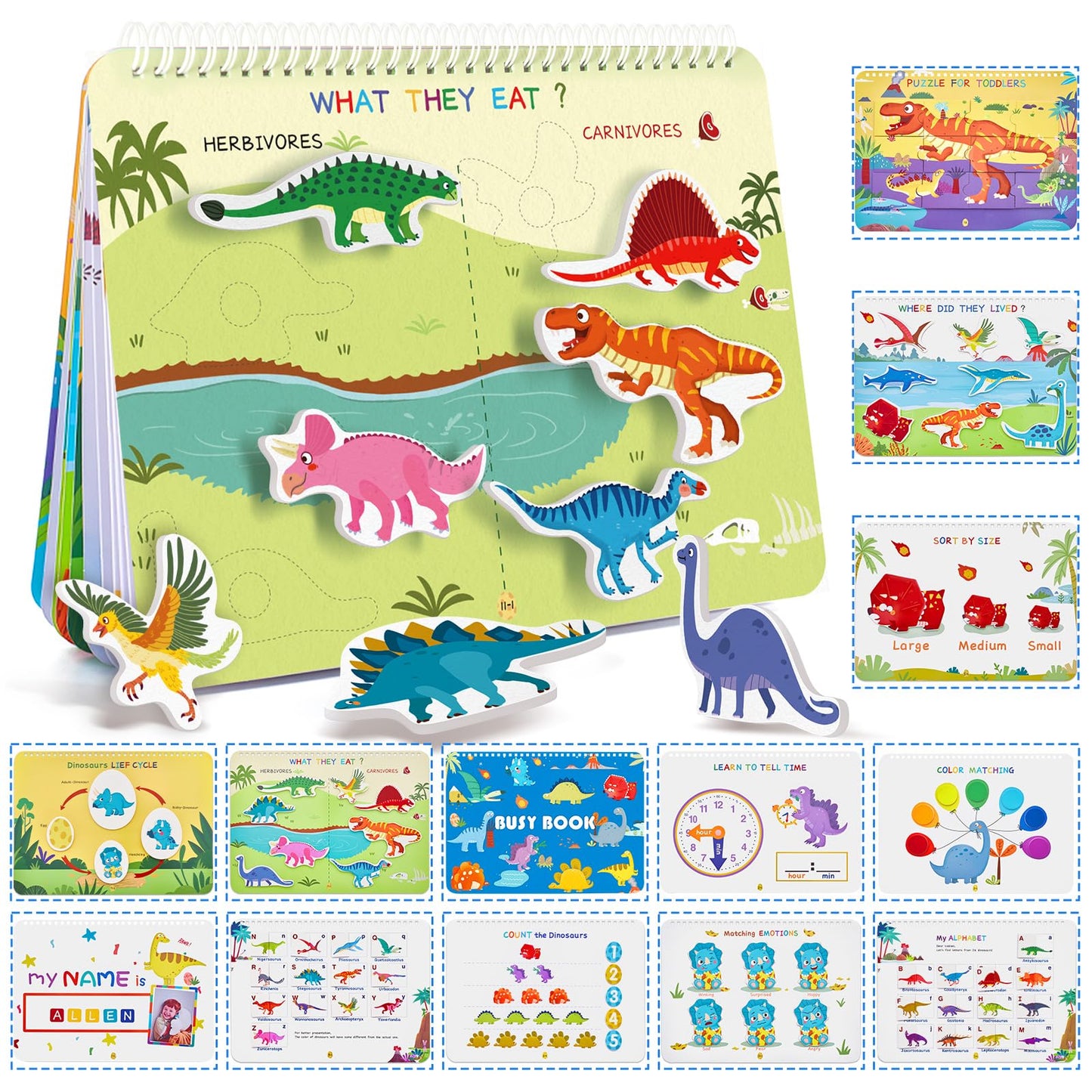 Freebear Busy Book For Toddlers Preschool Learning Activities Resources Autism Sensory Toys Montessori Toys For 2-3 Year Old,Travel Toys, Gifts For Girls And Boys 4 5 6 Years (Dinosaur World)