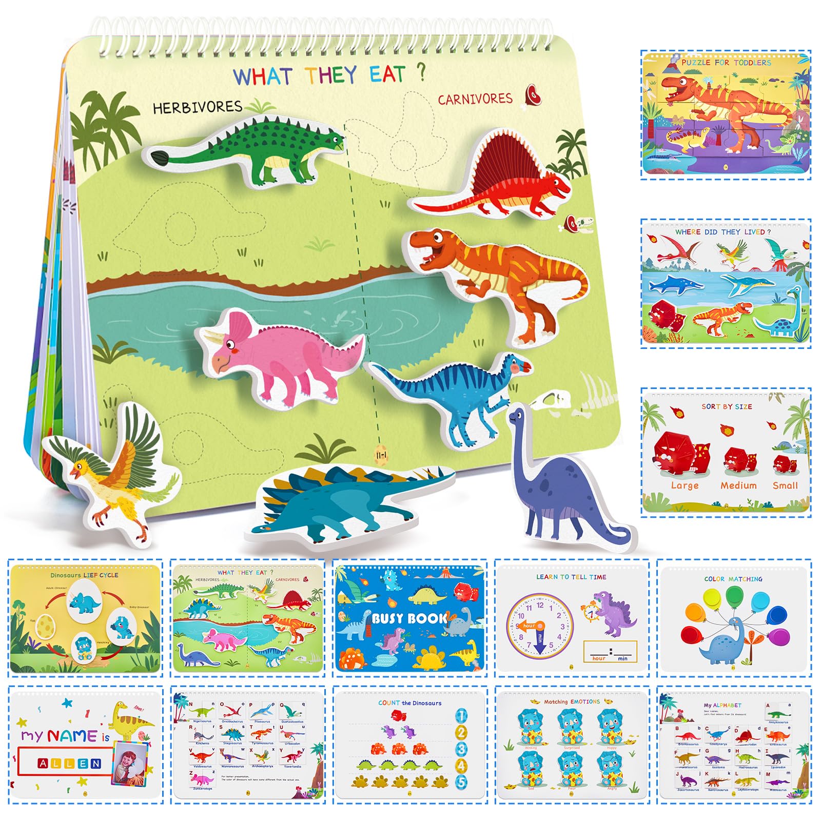 Freebear Busy Book For Toddlers Preschool Learning Activities Resources Autism Sensory Toys Montessori Toys For 2-3 Year Old,Travel Toys, Gifts For Girls And Boys 4 5 6 Years (Dinosaur World)