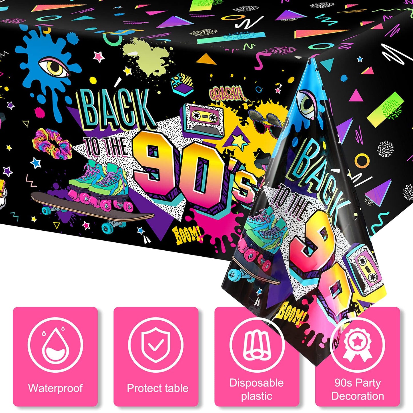 Tegeme 3 Pcs 90s Plastic Party Table Cover Back to The 90s Tablecloth 90s Birthday Party Decoration The 90s Hip Hop Party Supp