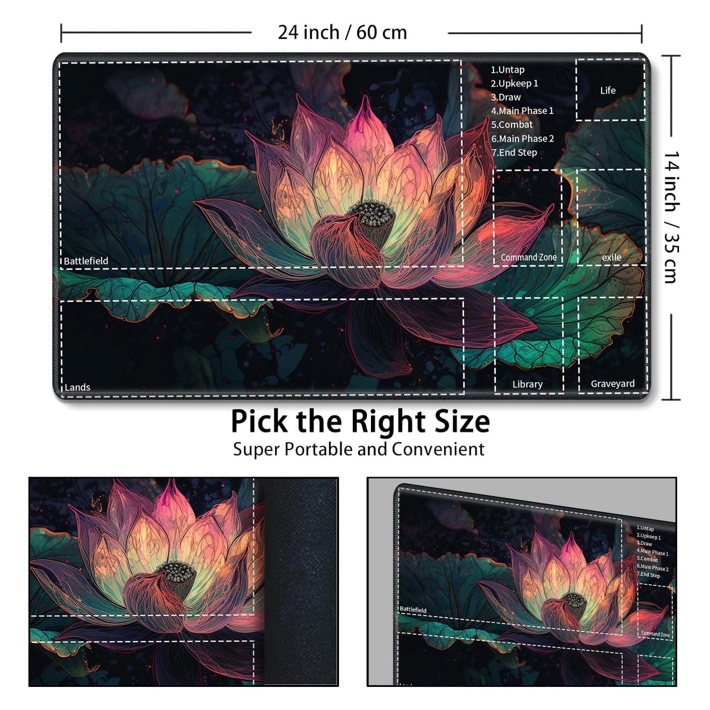 for MTG Card Playmat with Zone Game Play Mat for MTG TCG 24 x 14 inches Non-Slip Play Mat for Commander Board RPG CCG Game TCG Other Card Games/Mouse Pad-Light Pink Lotus
