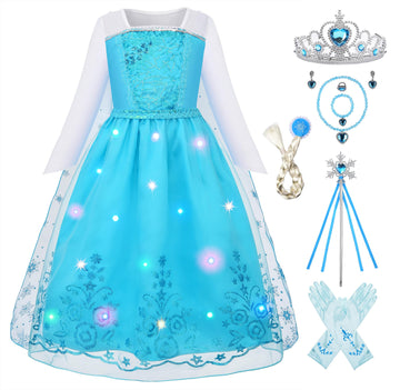 Uplus ME Light Up Princess Dress Girls Elsa Costume Dress Kids Halloween Birthday Christmas Party Dress Up Outfit (5-6Y/130)