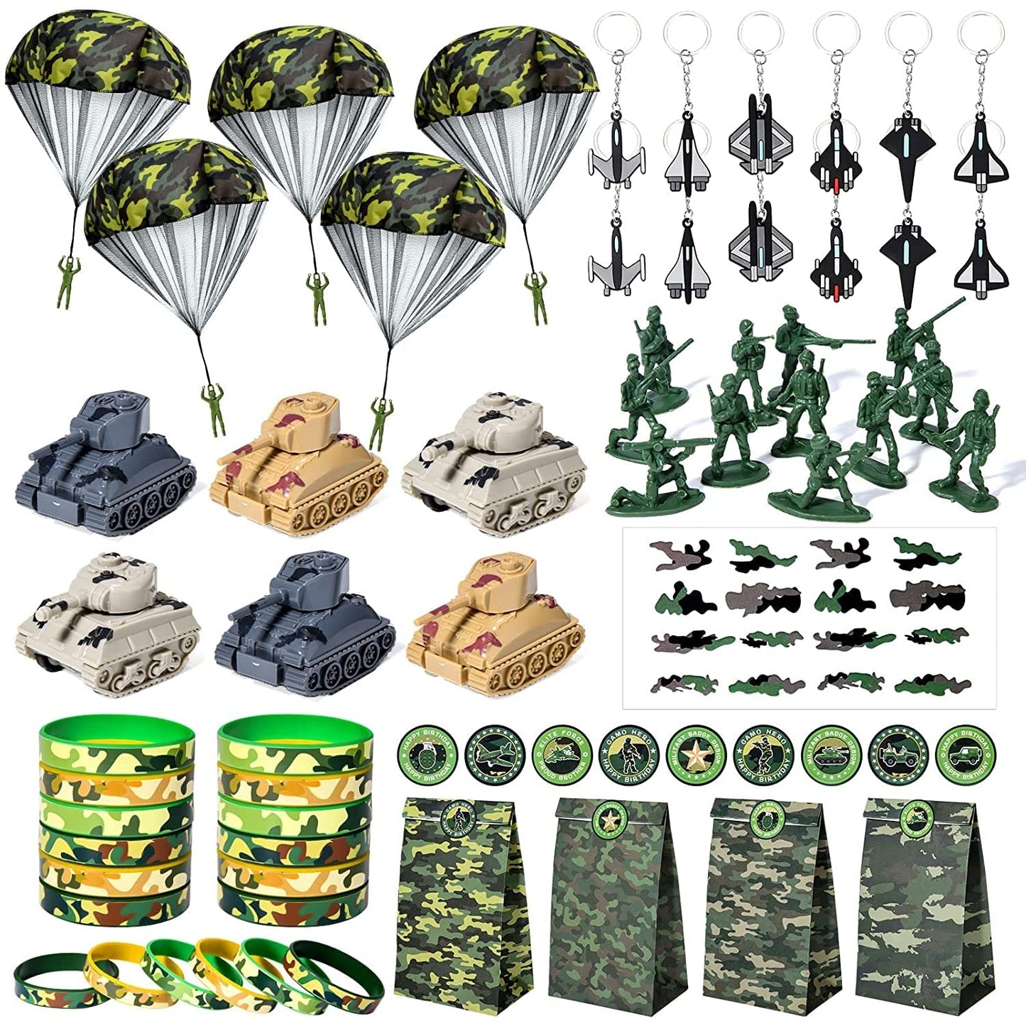 Golray Army Party Favors Camo Wristband Big Parachute Tanks Aircraft Keychain Army Men Soldier Figures Toys for Kids Boys Camouf