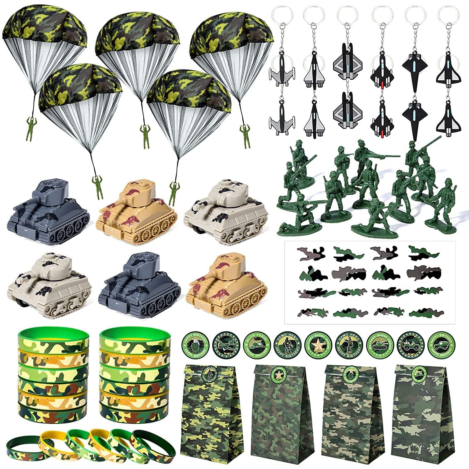 Golray Army Party Favors Camo Wristband Big Parachute Tanks Aircraft Keychain Army Men Soldier Figures Toys for Kids Boys Camouf