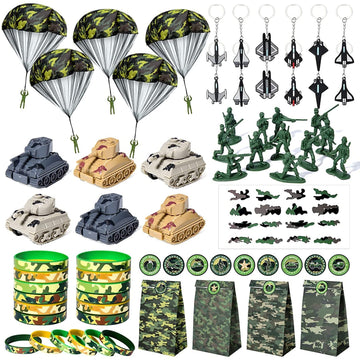 Golray Army Party Favors Camo Wristband Big Parachute Tanks Aircraft Keychain Army Men Soldier Figures Toys for Kids Boys Camouf