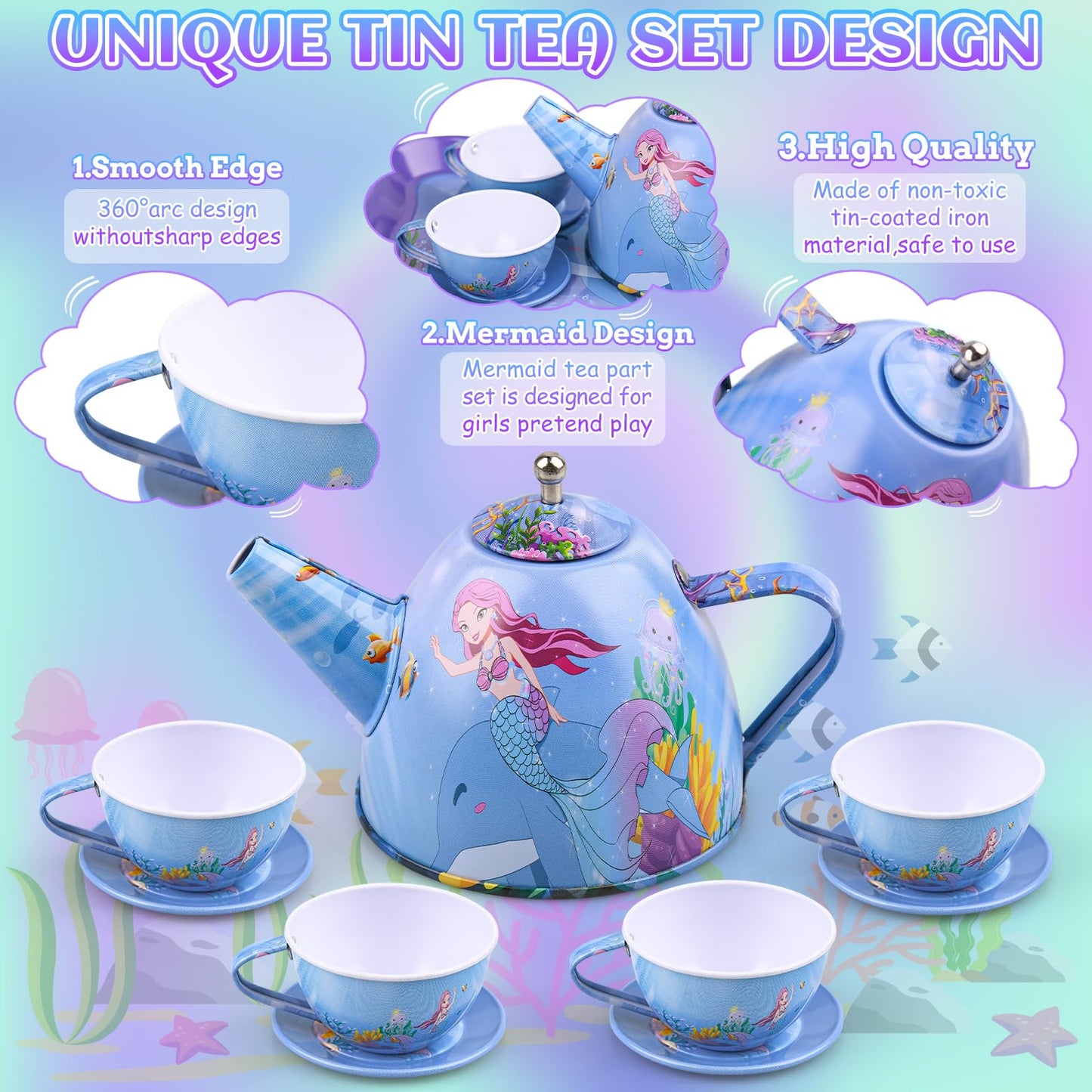 Auney 45 PCS Tea Set Toys for Girls, Mermaid Tea Party Set Toy Pretend Play Gifts for Little Girls, Girls Toys Gifts for Tea Tim