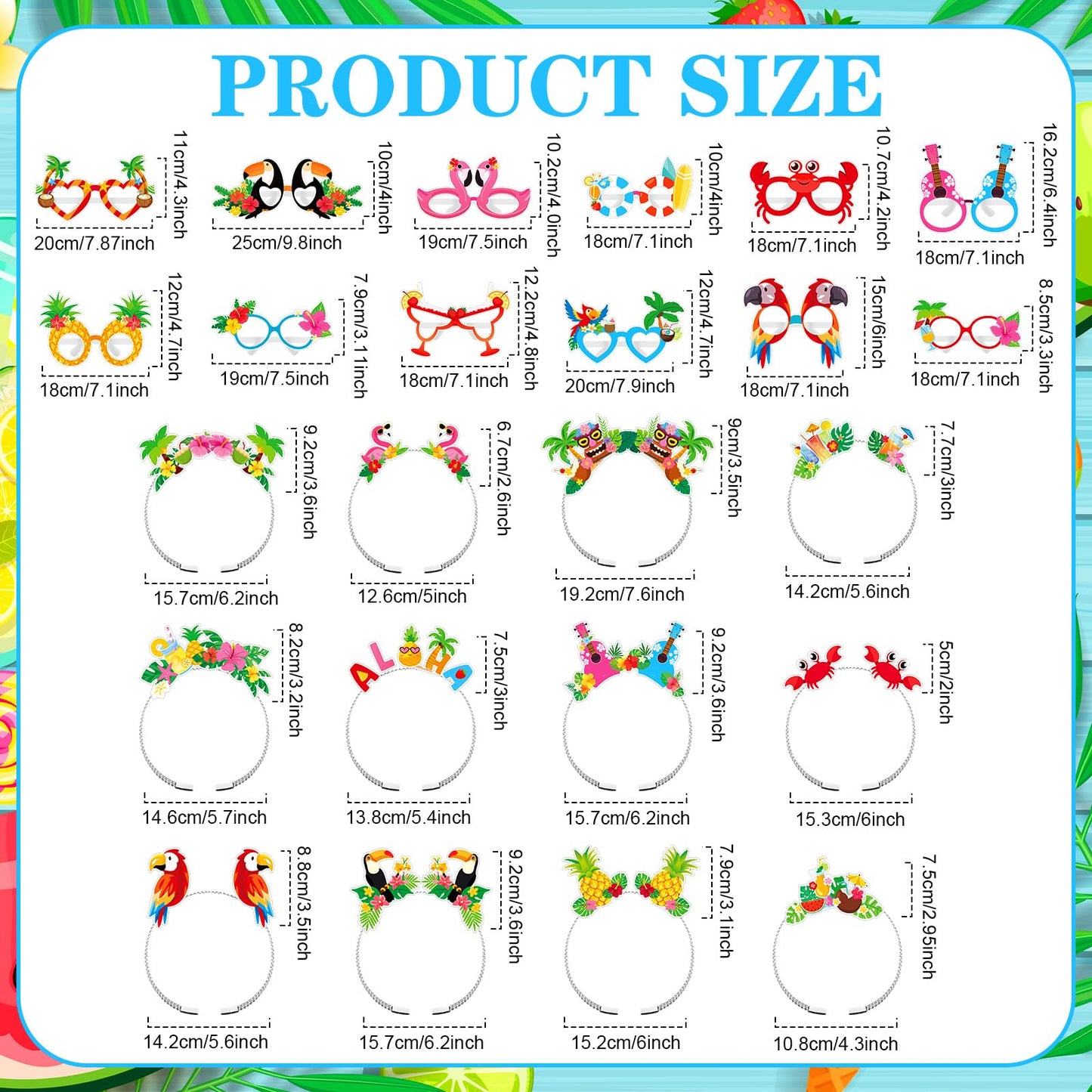 BBTO 24 Pcs Hawaiian Headband Glasses Set Summer Luau Party Decorations Hair Hoop Tiki Aloha Palm Tree Flamingo Headdress Paper