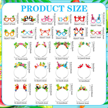 BBTO 24 Pcs Hawaiian Headband Glasses Set Summer Luau Party Decorations Hair Hoop Tiki Aloha Palm Tree Flamingo Headdress Paper