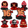 Happy 16Th Birthday Red And Black Table Honeycomb Centerpieces Balloons Theme Decor Table Decorations Table Toppers For Girls Women Princess 16 Years Old Birthday Party Bday Supplies Background Gold