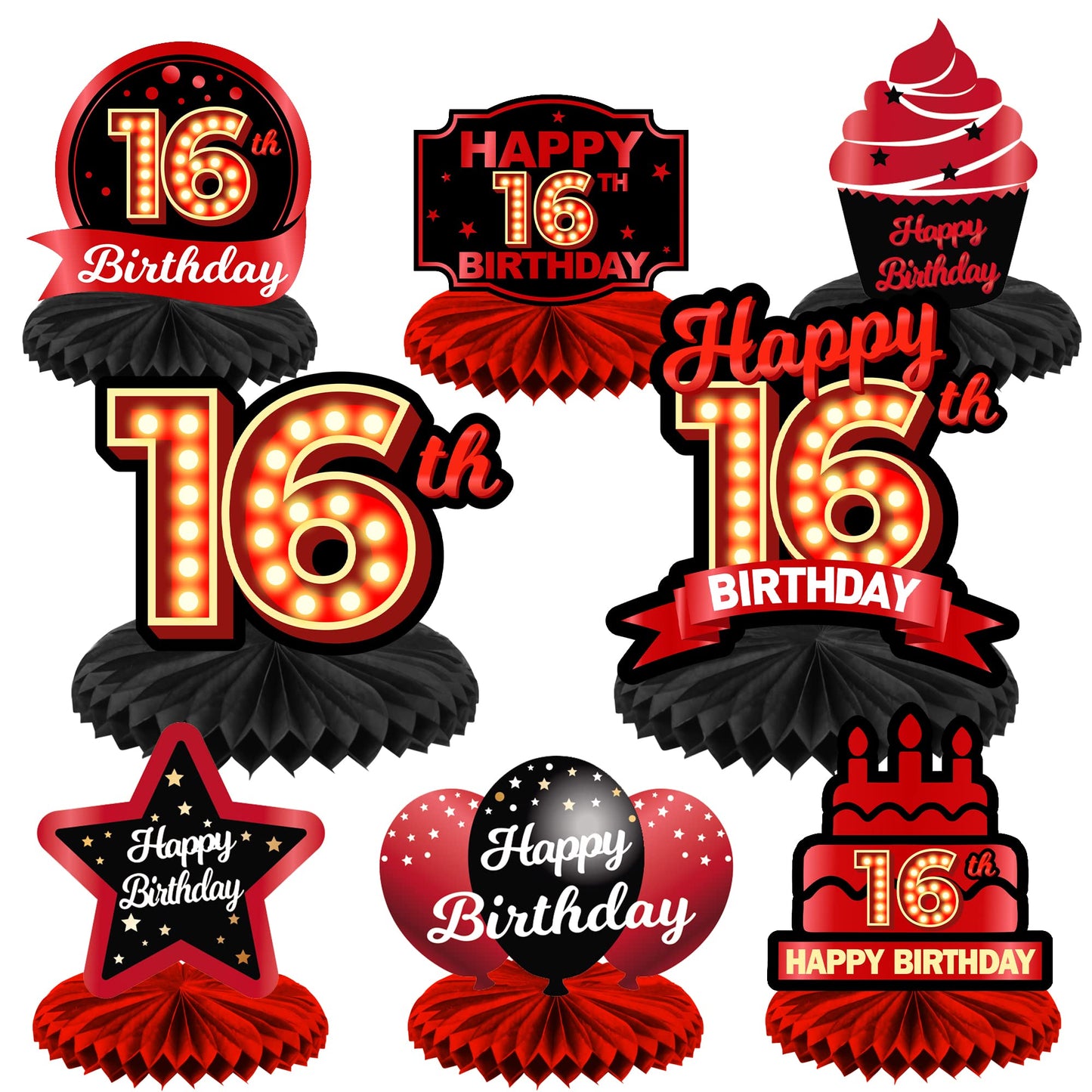 Happy 16Th Birthday Red And Black Table Honeycomb Centerpieces Balloons Theme Decor Table Decorations Table Toppers For Girls Women Princess 16 Years Old Birthday Party Bday Supplies Background Gold