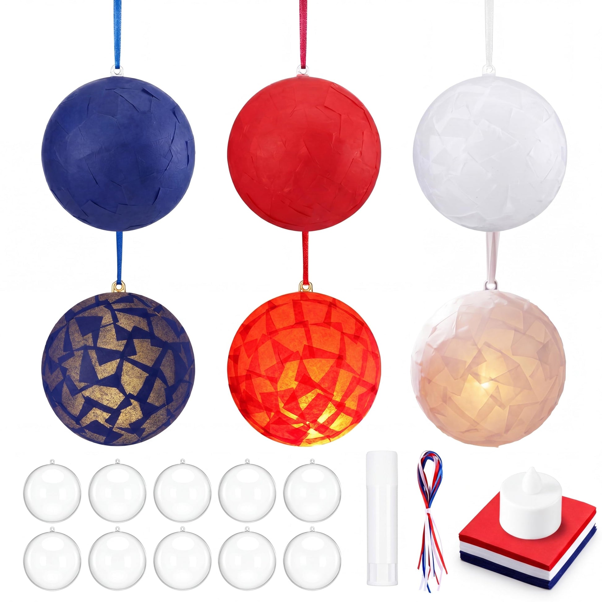 Simgoing 12 Sets 4th of July Crafts Kits with LED Candlelight DIY Independence Day Tissue Paper 3D Hanging Ornament Patriotic Re