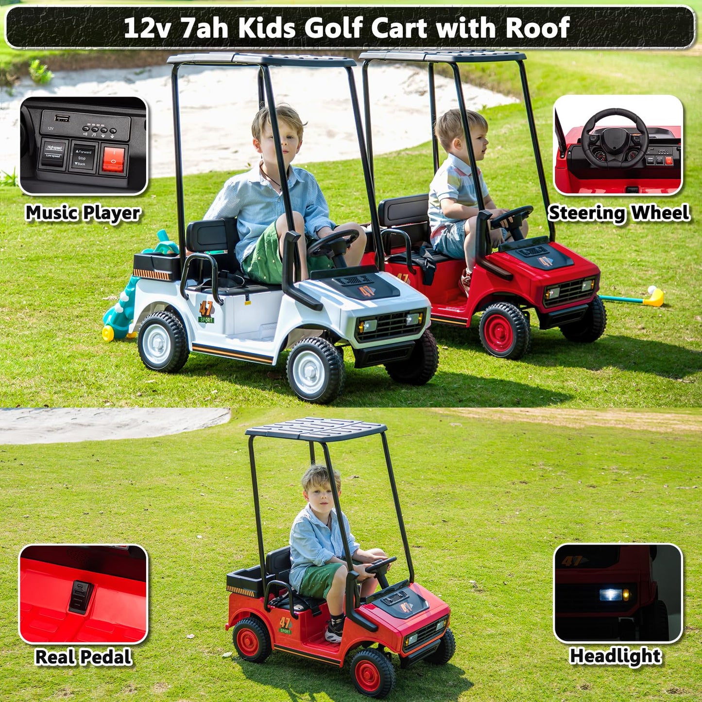 Karbost Kids Golf Cart With Remote Control, 2-Seater Ride On Toys For Kids Boys Girls, 12V Battery Powered Electric Vehicle With