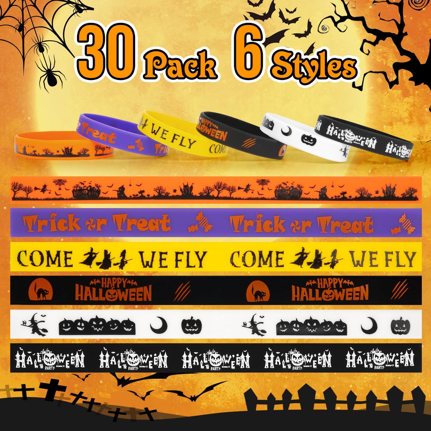 30-Pack Halloween Rubber Bracelets Bulk - Halloween Party Favors Silicone Wristbands Bracelet for Party Gifts,Trick or Treat Goo