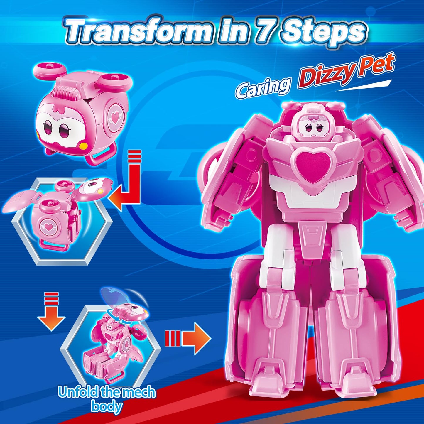 Super Wings 2-in-1 Transforming Mech Robot, 2.4 Dizzy Pet & 4.3 Mecha Mode, Pink Transformer Toy for Boys & Girls Ages 3