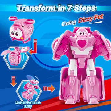 Super Wings 2-In-1 Transforming Mech Robot, 2.4' Dizzy Pet Or 4.3' Mecha Mode, Transformer Toys Rescue Bots For Boys And Girls Age 3+, Gifts For Preschool Kids, Pink