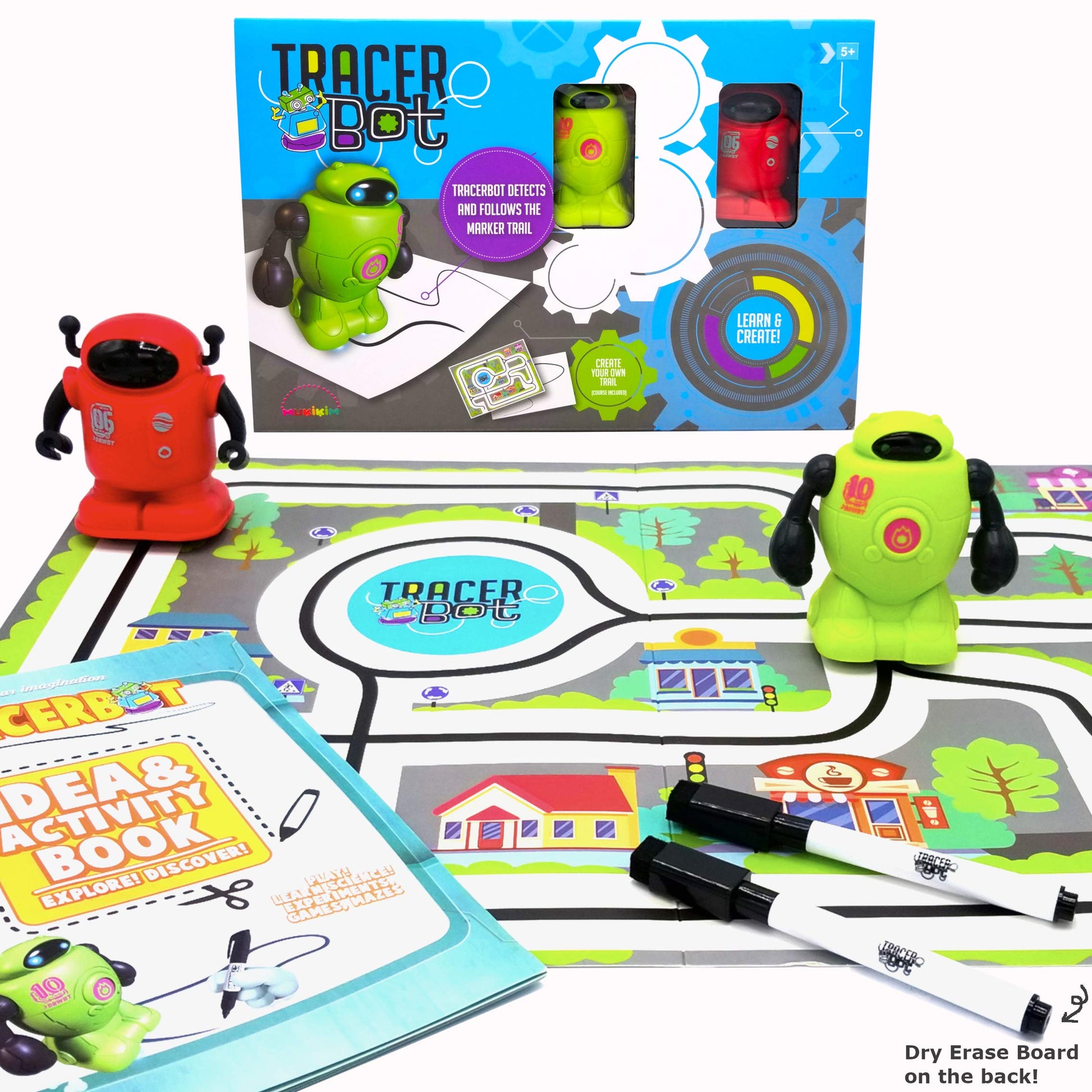 Mukikim Tracerbot Set (2 Robot Set) – Mini Inductive Robot That Follows The Black Line You Draw. Fun, Educational, And Interactive Stem Toy! Includes Trail Map, Dry Erase Board, And Playbook