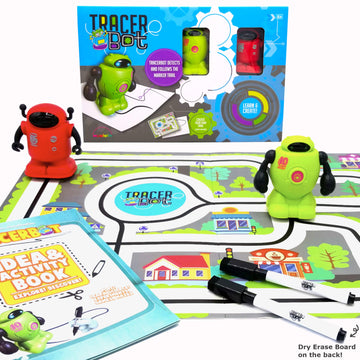 Mukikim Tracerbot Set (2 Robot Set) – Mini Inductive Robot That Follows The Black Line You Draw. Fun, Educational, And Interactive Stem Toy! Includes Trail Map, Dry Erase Board, And Playbook