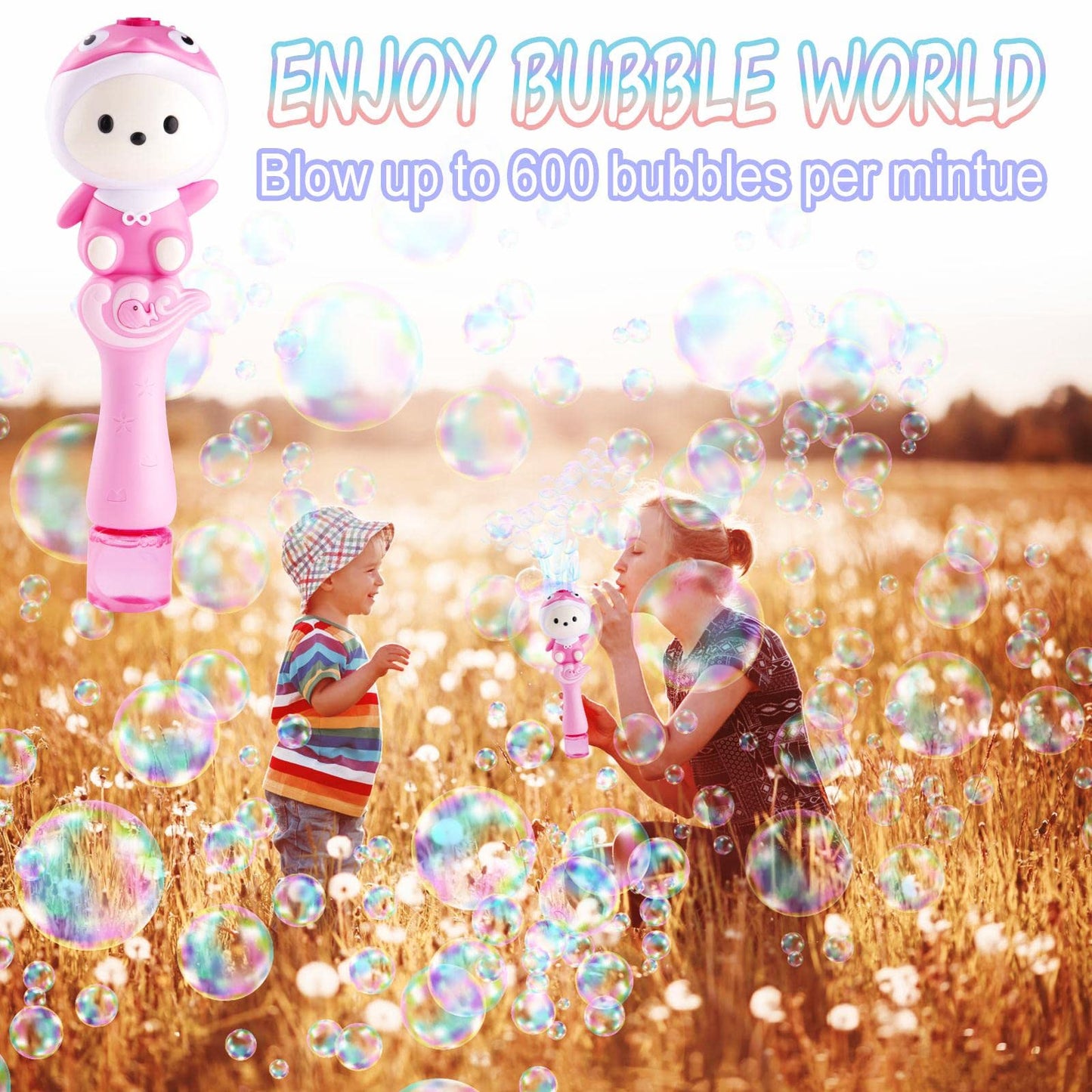 Cute Bubble Wand Machine For Kids,Automatic Electric Cartoon Musical Light Usb Rechargeable Bubble Maker With 2 Bubble Solutions