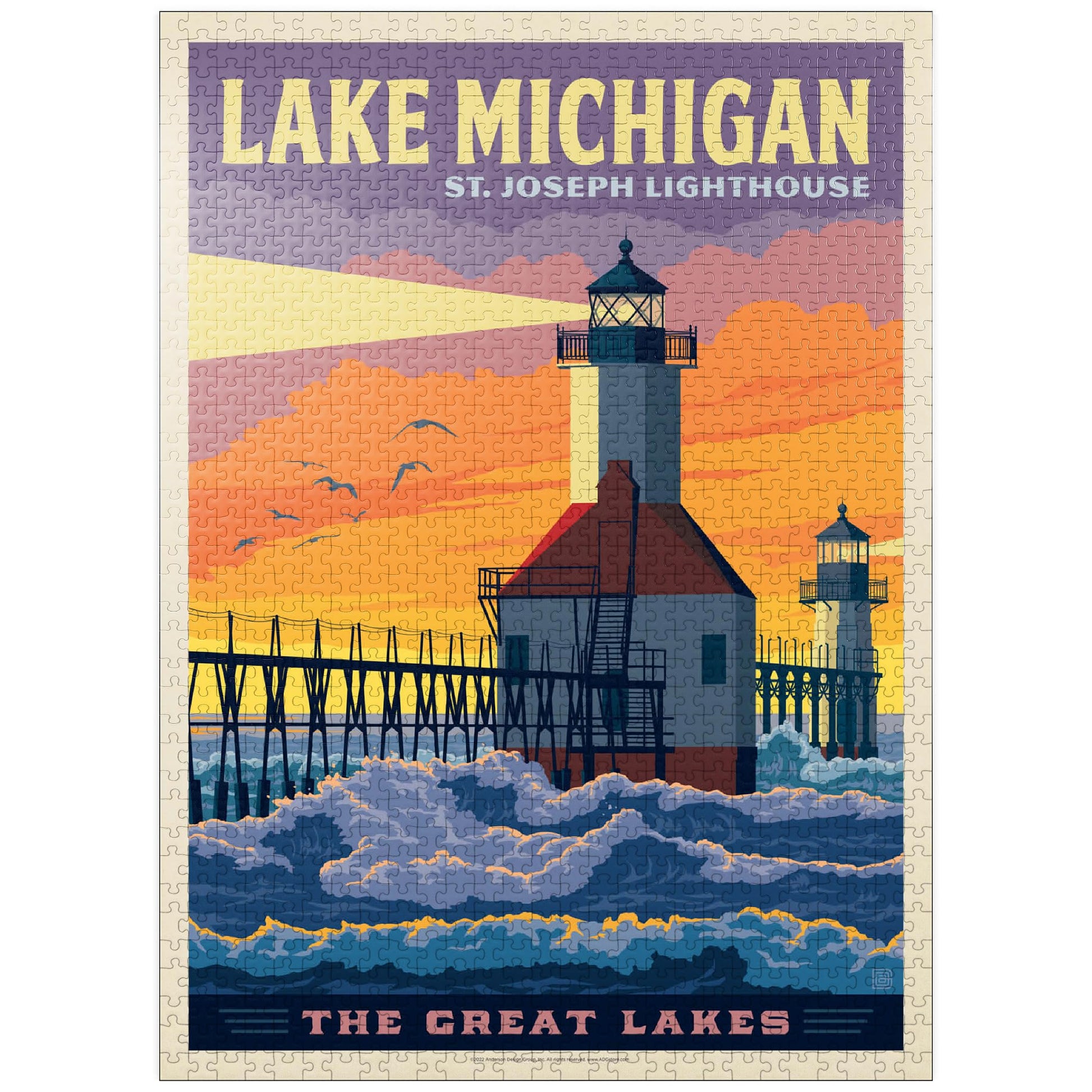 MyPuzzle Great Lakes: Lake Michigan  Vintage Poster - enhanced 1000 Piece Jigsaw Puzzle for mature-themeds