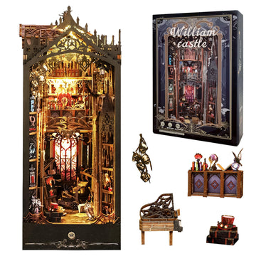 Ourmiao Book Nook Kit William Castle, Diy Booknooks Kit For Adults Teens With Sensor Lights, Bookshelf Diorama Miniature Scenes