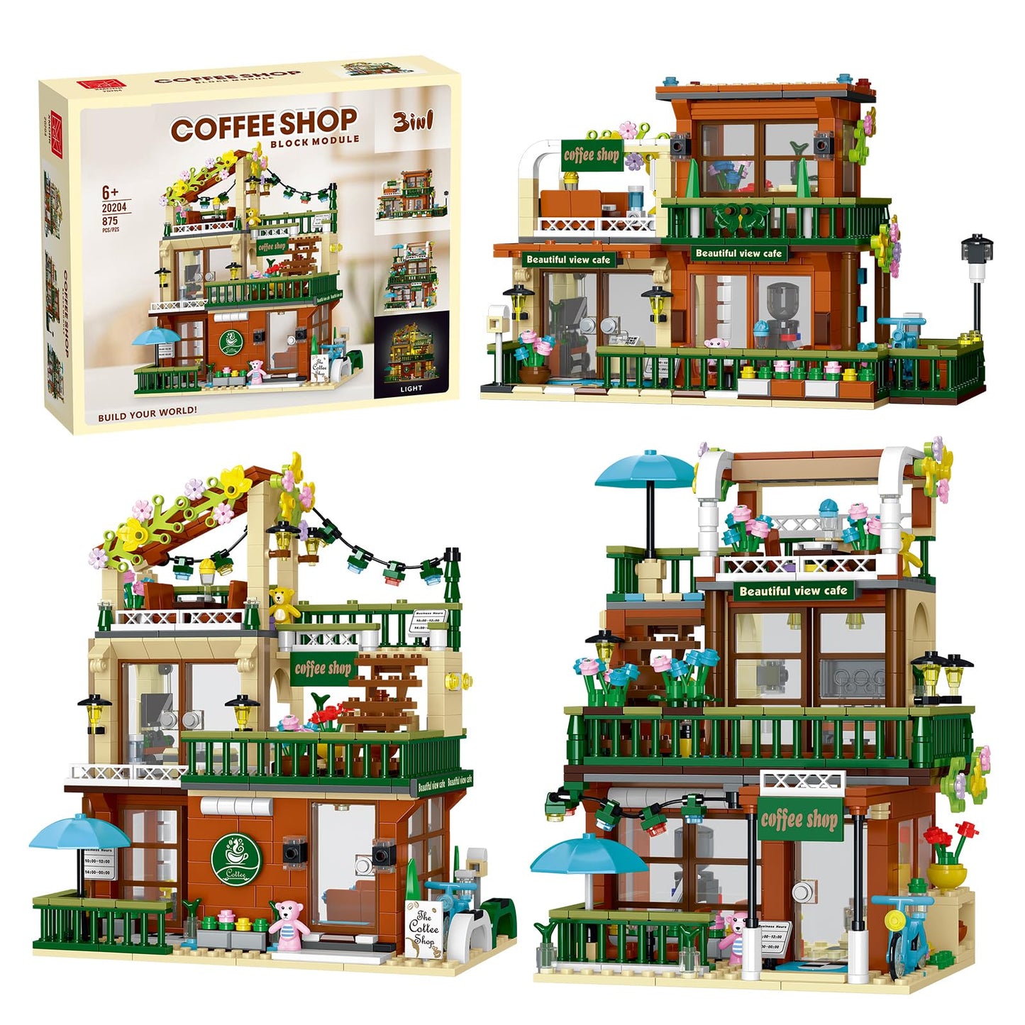 3 in 1 Street View Coffee Shop City Building Set  Compatible with City House Modular Simulation Architecture Construction Toy with LED Lights  Gift for mature-themeds and Girls Kids Aged 8+(875 PCS)
